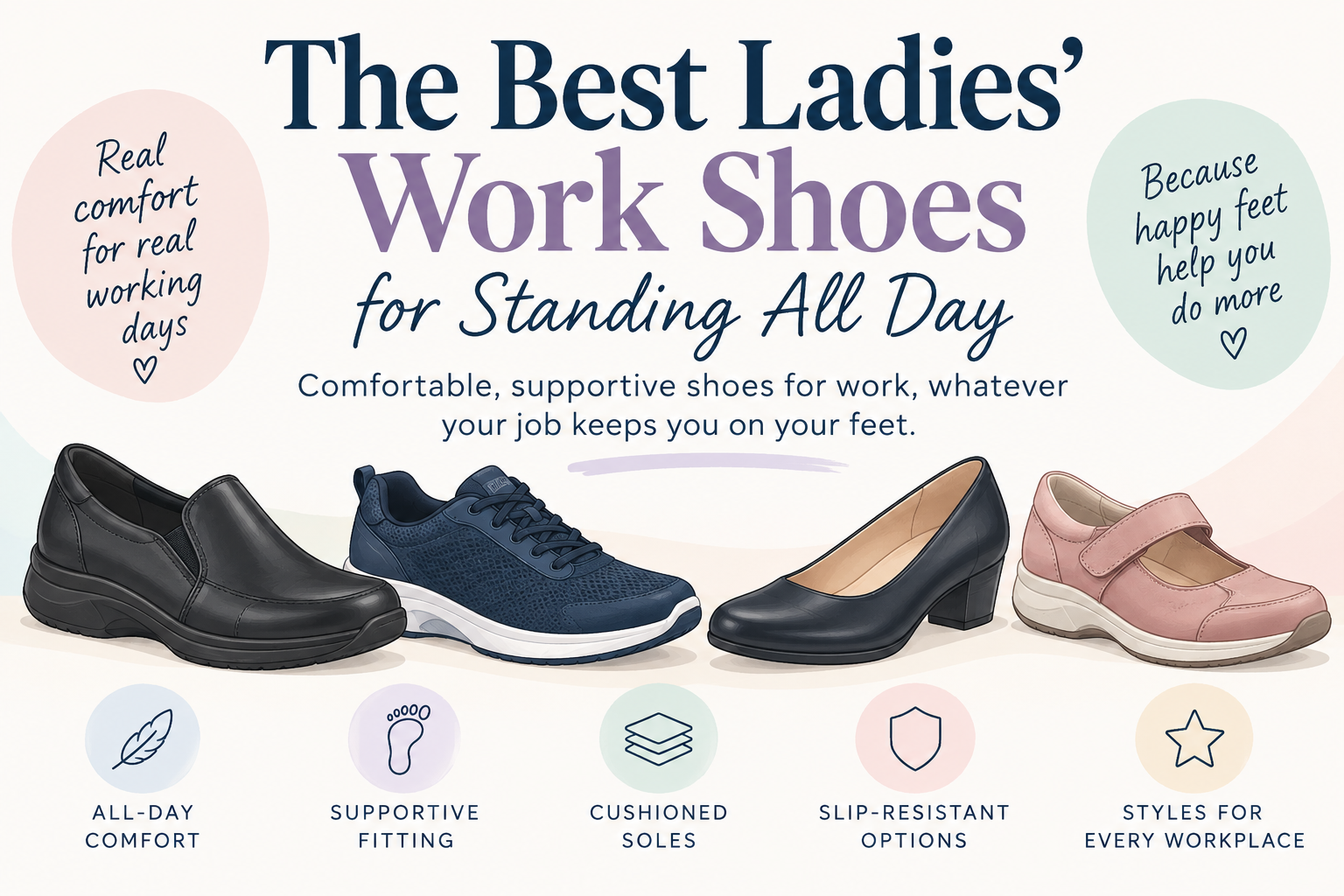a selection of ladies work shoes for standing all day