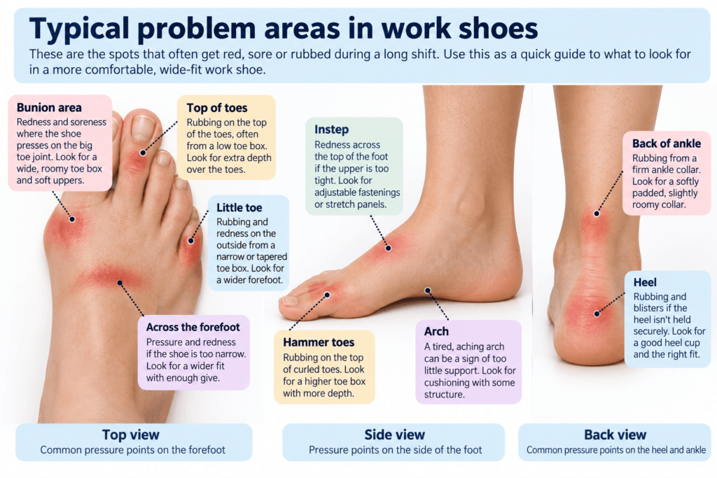 Illustration showing common pressure points and redness on feet caused by poorly fitting work shoes, including bunions, toes, instep and heels.
